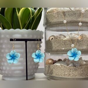 Blue Hawaiian Plumeria Earrings + Necklace Sets - Beach Vacation Ready
